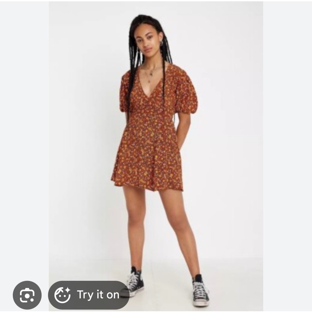 Faithfull The Brand Floral‎ Mini Dress Brown Orange V-Neck Puff Sleeve Size XS 2